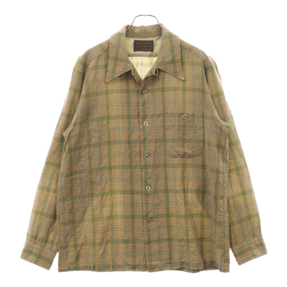 PENDLETON (ペンドルトン) 70s Vintage Open Collar Wol Shirt チェック柄ウールフランネル長袖シャツ ベージュ/グリーン