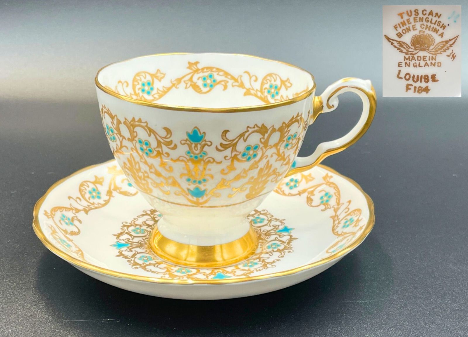 超 Tuscan タスカン 金彩＆ターコイズブルー エナメル 英国 アンティーク カップ＆ソーサーペディスタル 高台 M041