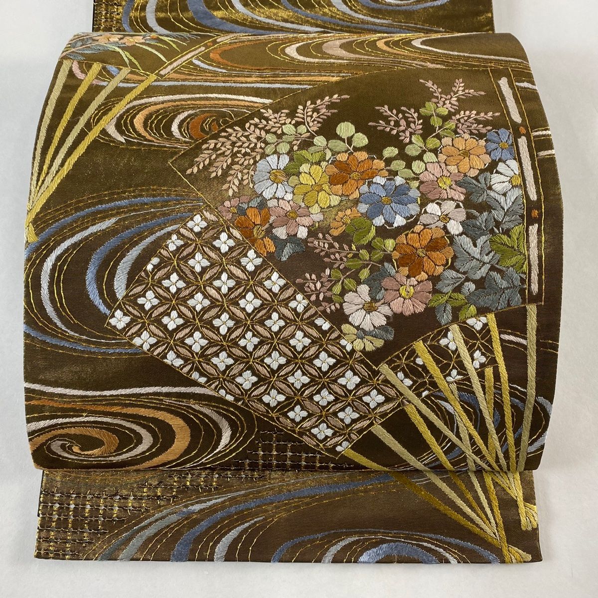 袋帯 扇 流水 金糸 刺繍 金色 六通 正絹