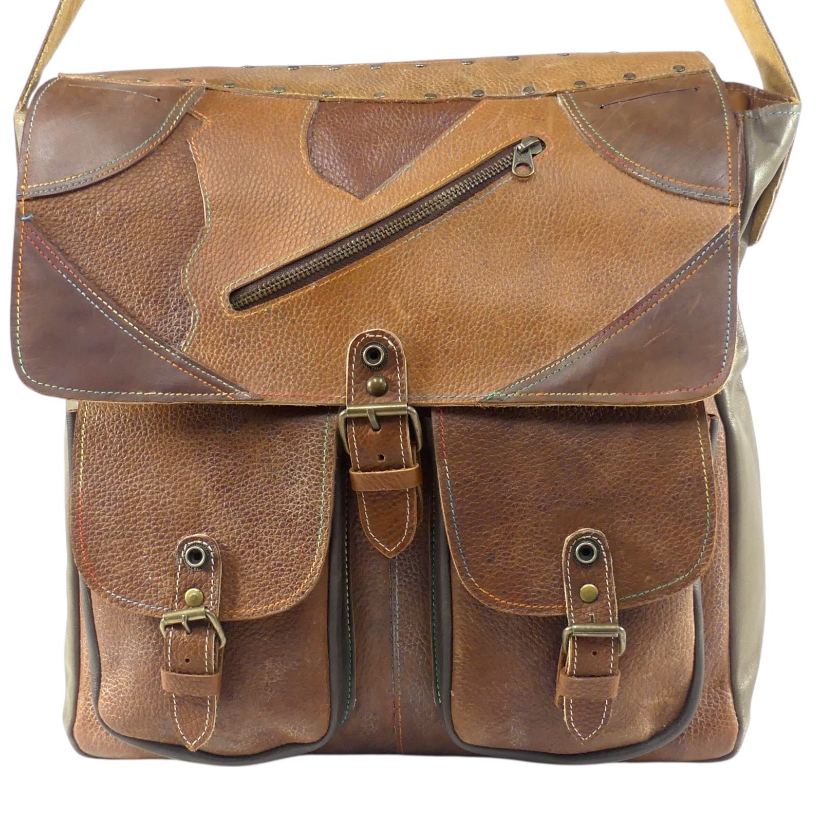 珍品 ショルダーバッグ 斜め掛け メンズ レディース 革 パッチワーク 茶 ブラウン キャメル ショルダーバッグ一覧←SEULB屋着古← NR4654 お見逃しなく!