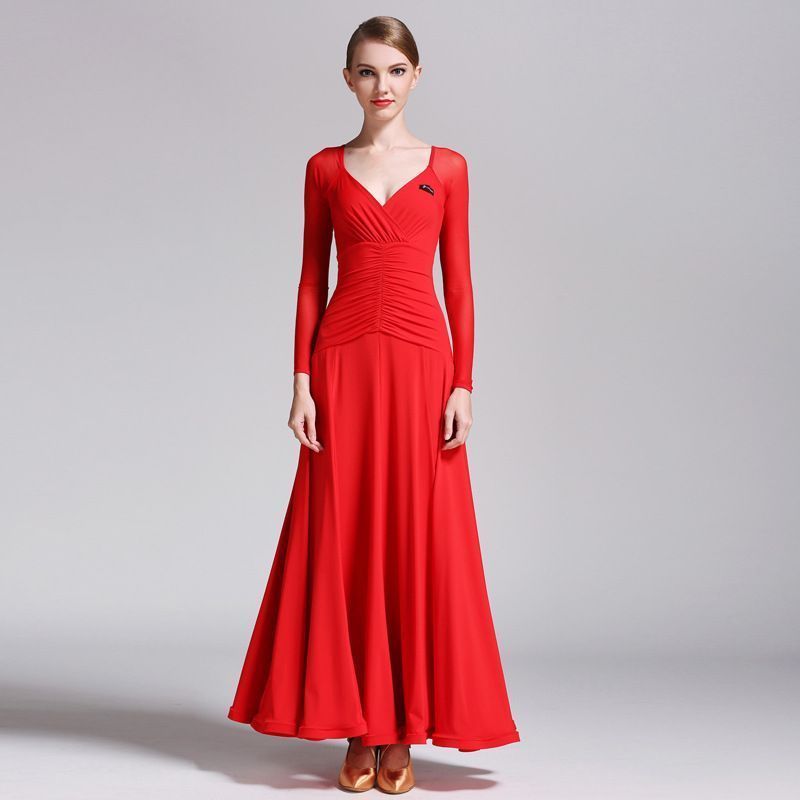 ♥ モダンダンスドレス S9007 長袖 Vネック ロングドレス 牛乳シルク素材 社交ダンス ワルツ パーティードレス ブラック レッド ブルー グリーン ステージ衣装 撮影会用 コスチューム イベント用 レディース