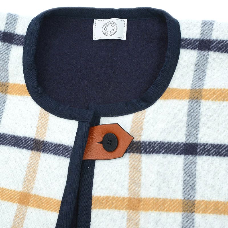 エルメス ケープ マント ポンチョ リバーシブル ホワイト チェック柄