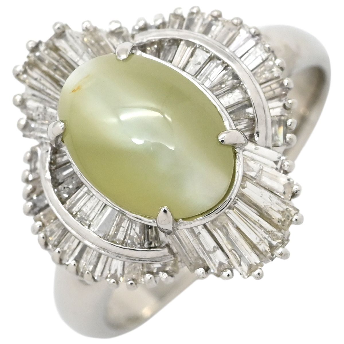 リング 指輪 キャッツアイ ダイヤリング Pt900 クリソベリルキャッツアイ ダイヤモンド プラチナシルバー 猫目石 14.5号