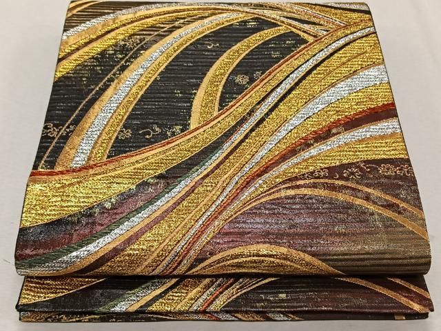 平和屋着物○全通柄袋帯 ふくれ織 流水文 金糸 正絹 逸品 DAAV9465ob