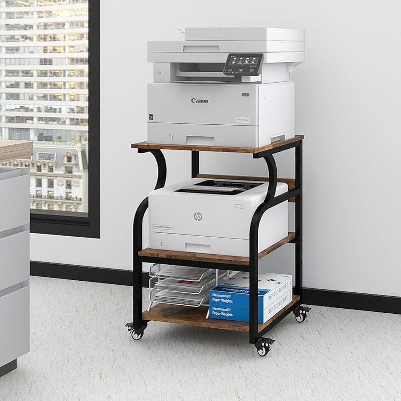 PUNCIA 3段 プリンター台 幅60cm 奥行50cm 高73cm ワゴン キャスター付き プリンターラック 収納棚 大型 プリンター 置き 台 省スペース プリンター棚 机下収納 木製ラック 取り付け簡単 100kg高耐荷重 オフィス ホーム 0