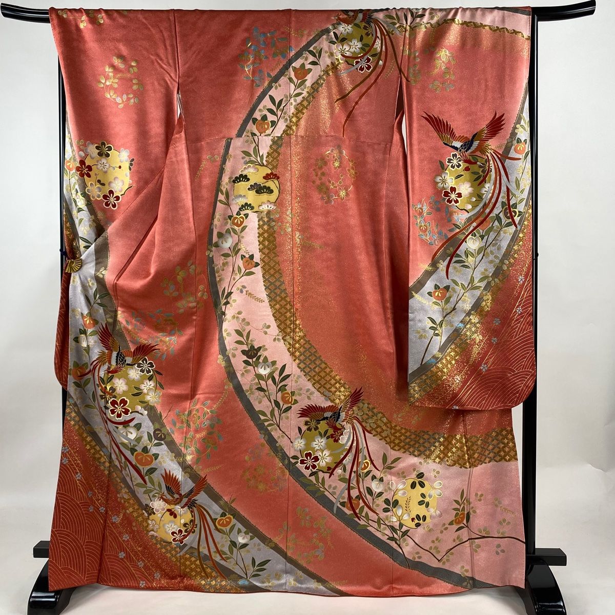 振袖 身丈169.5cm 裄丈68cm L 袷 鳳凰 花丸文 金糸 金彩 サーモンピンク 正絹 名品