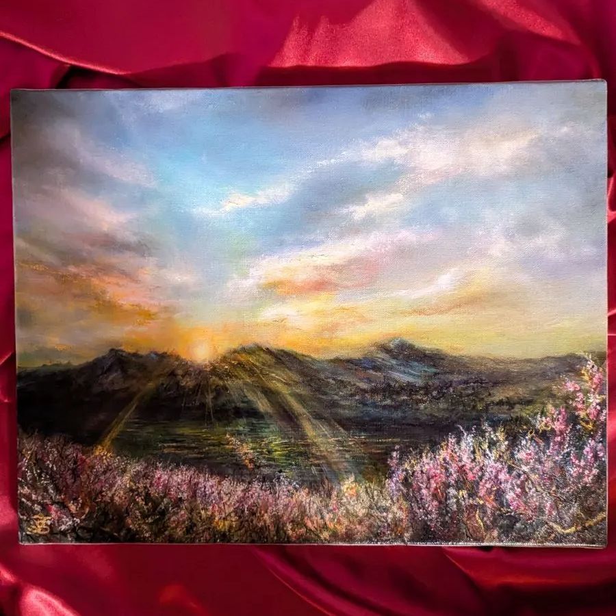 光の黎明」painterTMK画家本人出品 風景画 油絵風景画 日の出 梅の花