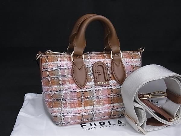■新品■未使用■ FURLA フルラ カリプソ ミニ ツイード×レザー 2WAY ハンドバッグ ショルダー オレンジ系×ブラウン系 BP1500 □新品□未使用□ FURLA フルラ カリプソ ミニ ツイード×レザー 2WAY