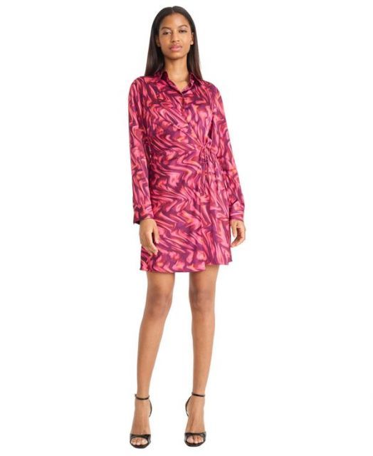 送料無料 ドナモーガン レディース ワンピース トップス Women s Printed Tie-Waist Shirtdress Dwine|Pink