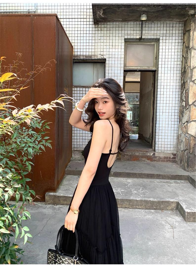 夏秋 韓国風ハイウエストロングワンピースレースキャミソールメッシュチュールドレス