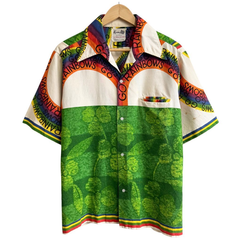 〜70 s Keone 虹 rainbow レインボー ボタニカル 植物 花 オープン 開襟シャツ 半袖シャツ アイボリー×カラフル×緑 No.Y646