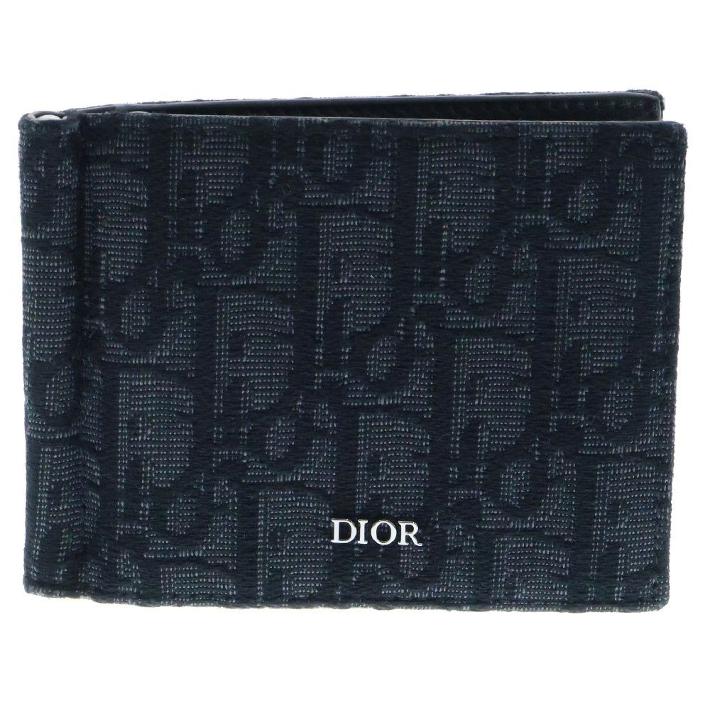 Christian Dior クリスチャンディオール オム オブリーク ジャガード ウォレット マネークリップ付き 二つ折り財布 ブラック キャンバス 2ESBH069YSE_H03E