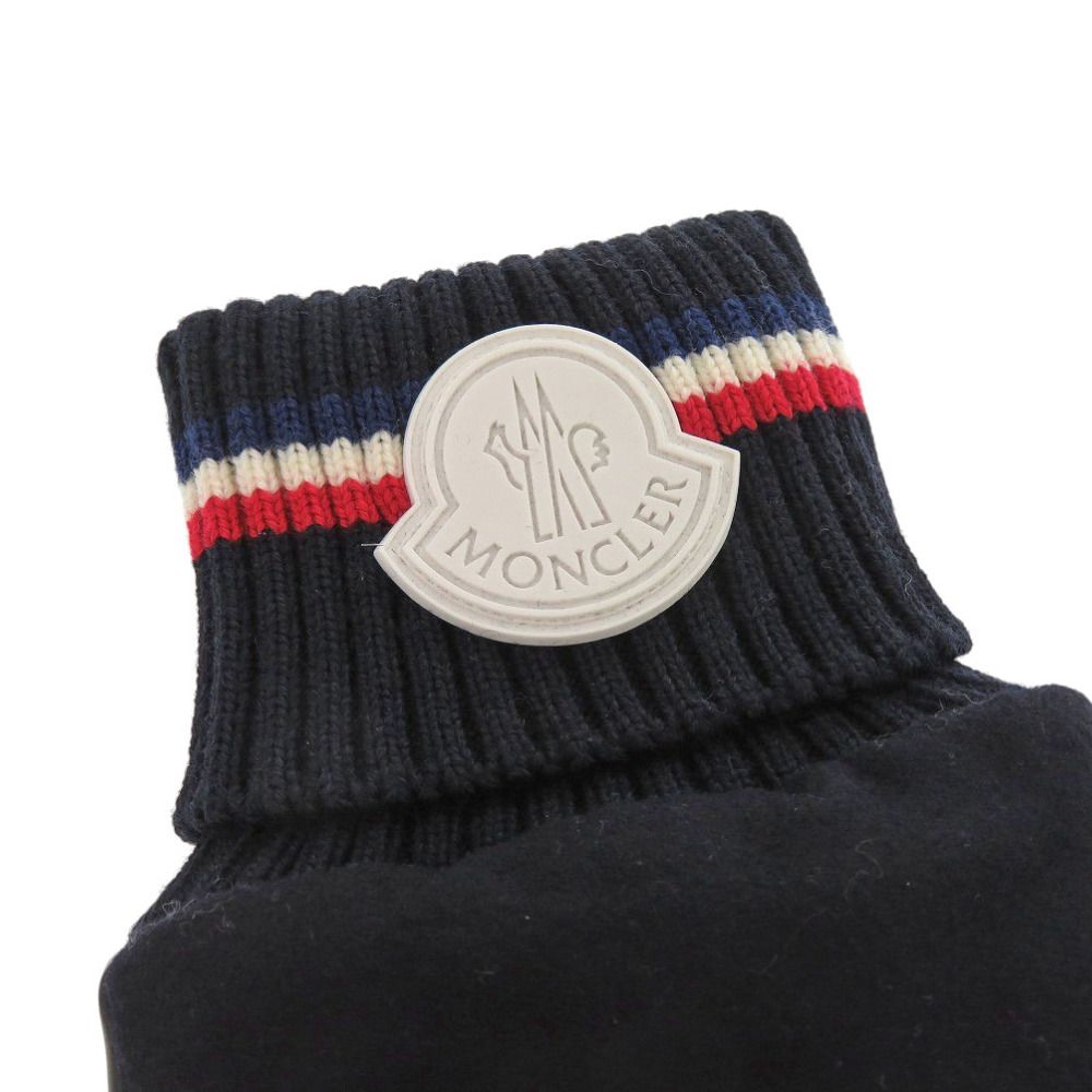 美品 モンクレール F20913A70000 ウール レザー ブラック Lサイズ ロゴ