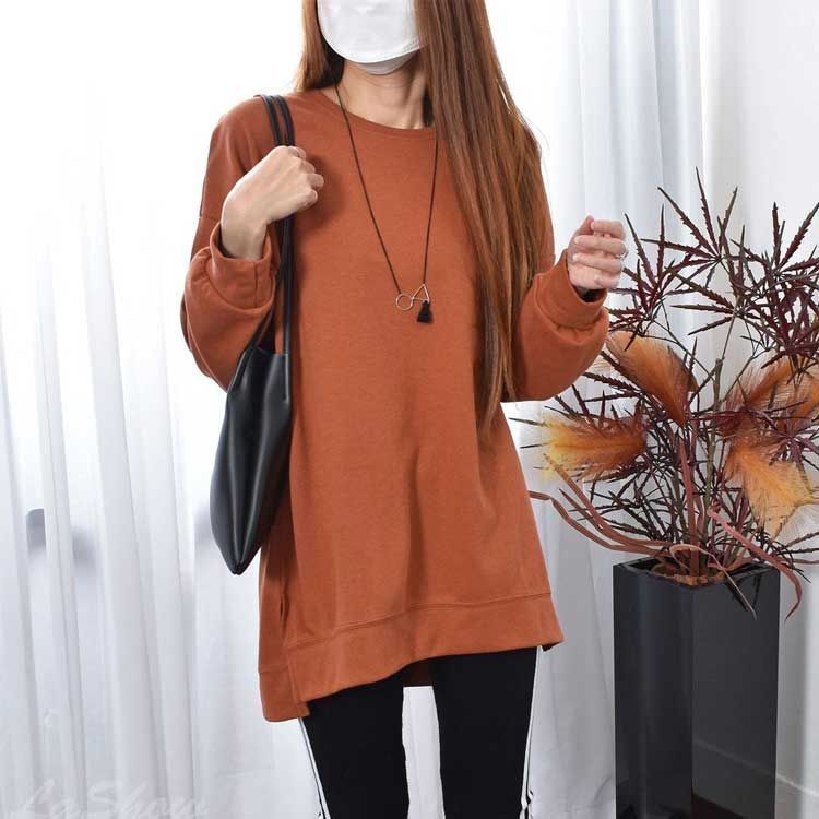 レディース トレーナー 長袖 サイドスリット 大きめ スウェット 春 秋 カットソー 大きいサイズ クルーネック 無地 ゆったり トップス 体型カバー シンプル カジュアル プルオーバー jyonn 1108