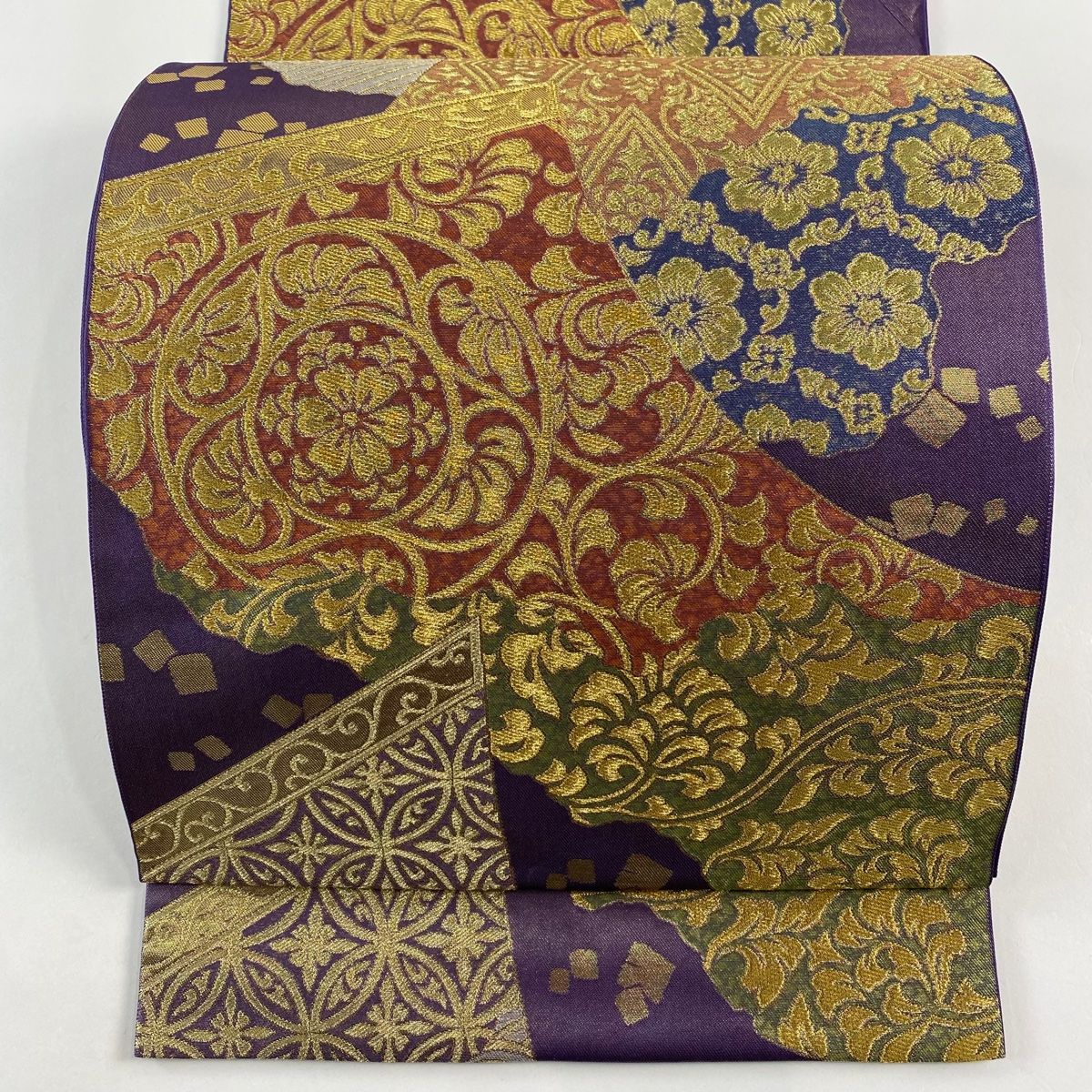 袋帯 秀品 川島織物 落款 華文 花唐草 金糸 箔 紫 六通 正絹