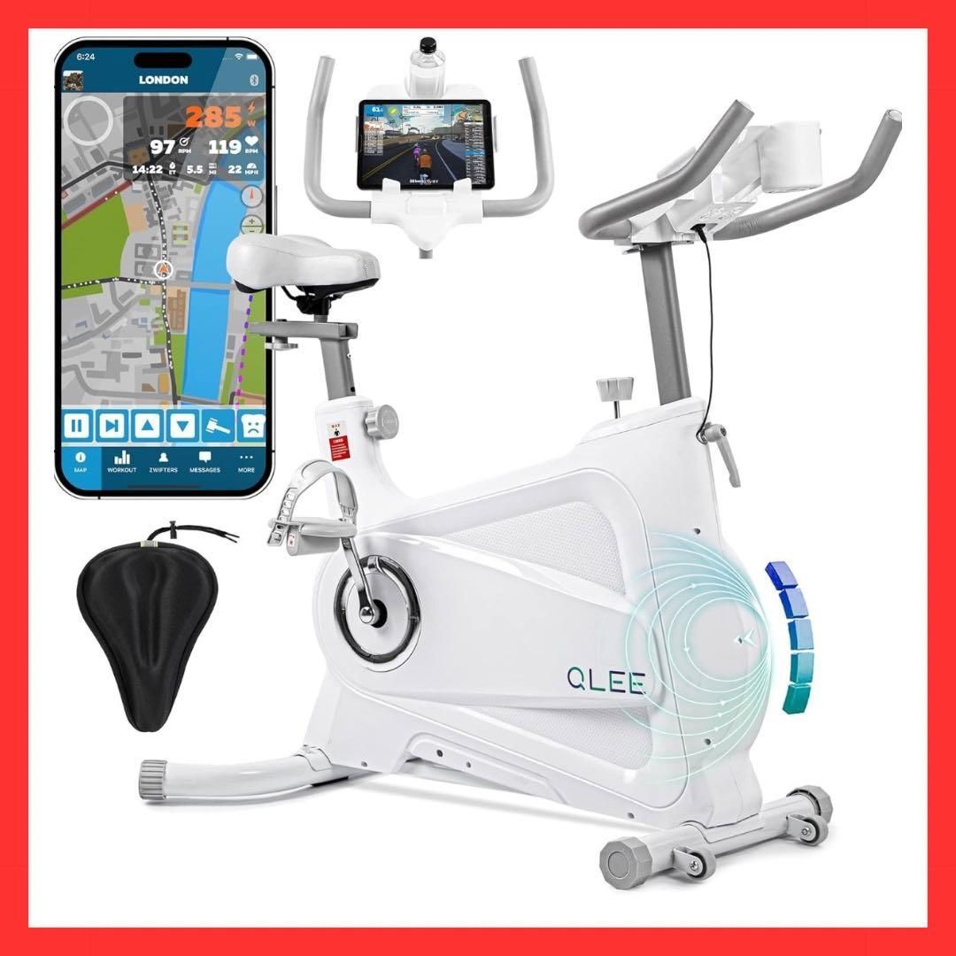 アプリ連動フィットネスバイク 静音スピンバイク 家庭用 エクササイズバイク Bluetooth接続 スマホ連携 トレーニング記録可 負荷調整 白 ホワイト ダイエット 有酸素運動 室内トレーニング 折りたたみ可