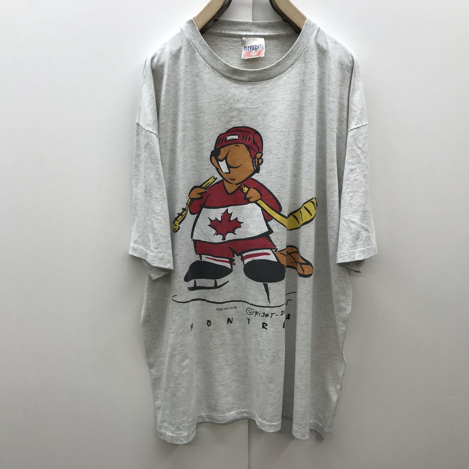 【物流センター】 中古 半袖Ｔシャツ シティースケープ CANADA製 80～90年代 MONTREAL ピジェットデザイン チームカナダ アイスホッケー ビーバー キャラT 杢グレー XL グレー サイズ：XL 【906】