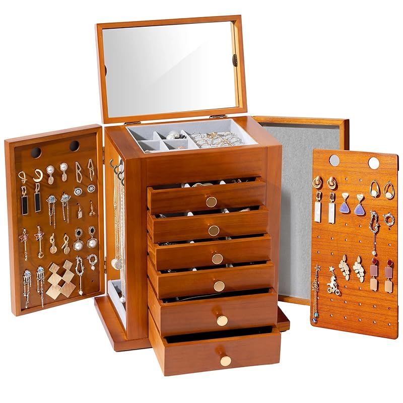 ジュエリー木製収納ボックスミラー付き引き出し ｜ジュエリーボックス 引き出し式 天然木 木製 アンティーク