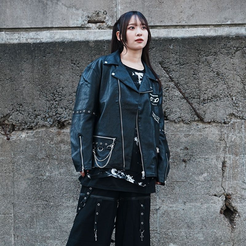 PSYCHO NATION サイコネーション 【MLサイズ】袖ハトメテープベルト Wライダースジャケット 原宿 病みかわ パンク 地雷 メンズ レディース ユニセックス 143015 PSYCHO NATION サイコネーション 【MLサイズ】袖ハトメテープベルト W