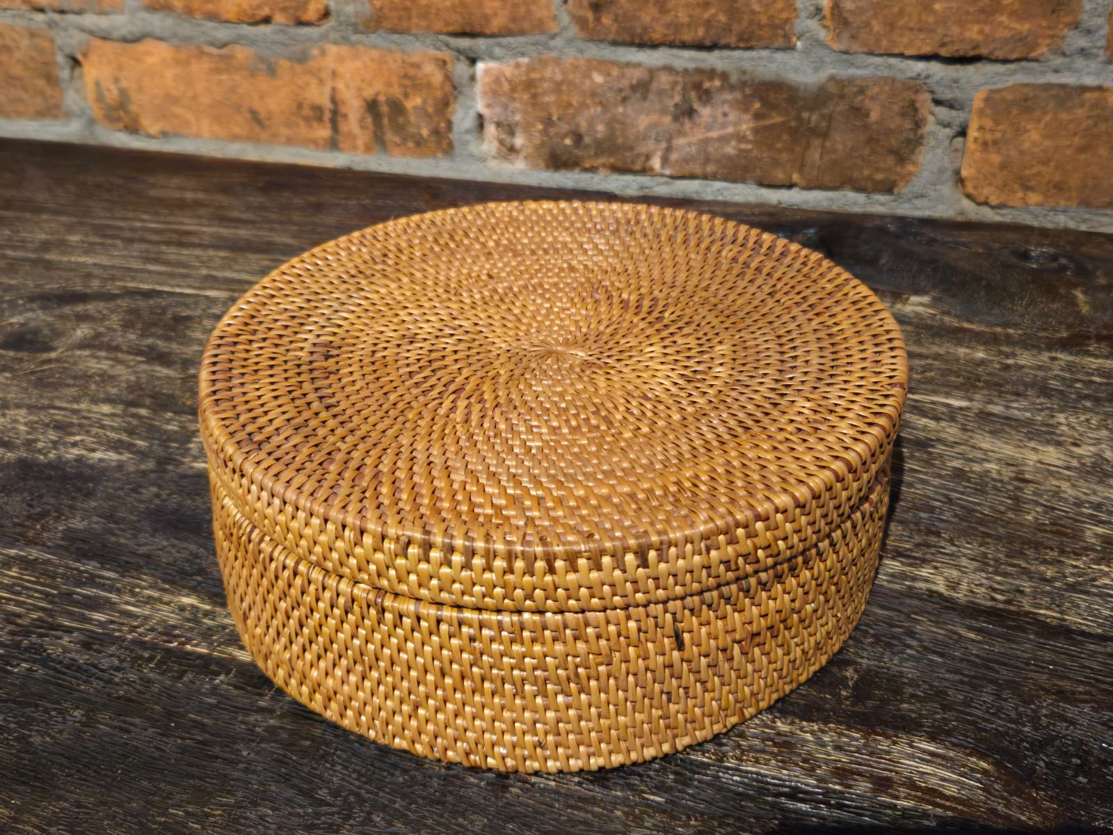 ラタン ラウンドBOX フタ付き タイ ラタン 持ち手付き 蓋付き丸カゴ 籠