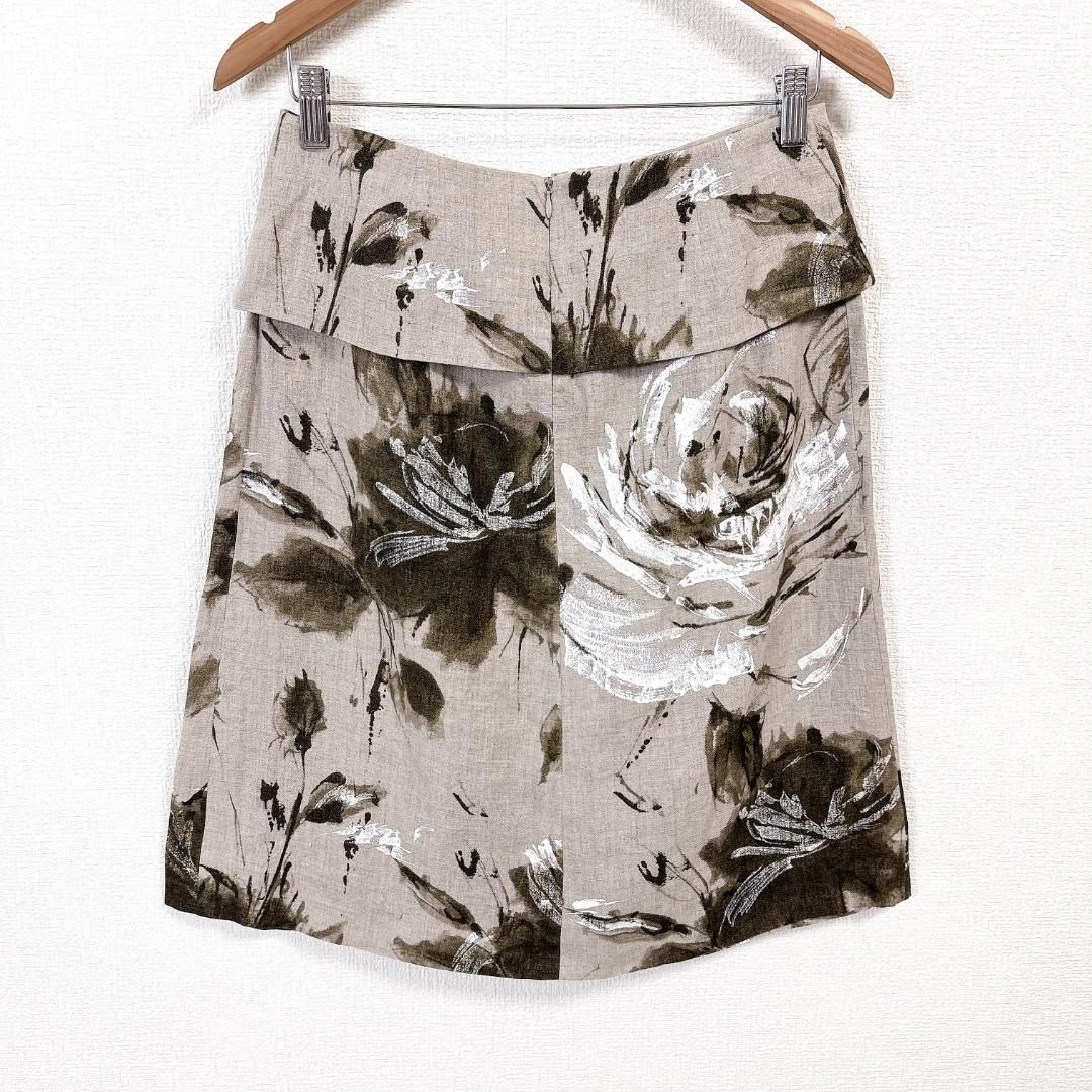 Max Mara 膝丈スカート 42 グレーブラウン ボタニカル柄
