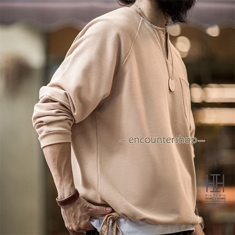 ヘンリーネックTシャツ メンズ 長袖 ロンT 無地 ポケット付き ワッフルtシャツ ストレッチ クルーネック 大きいサイズ カジュアル tシャツ