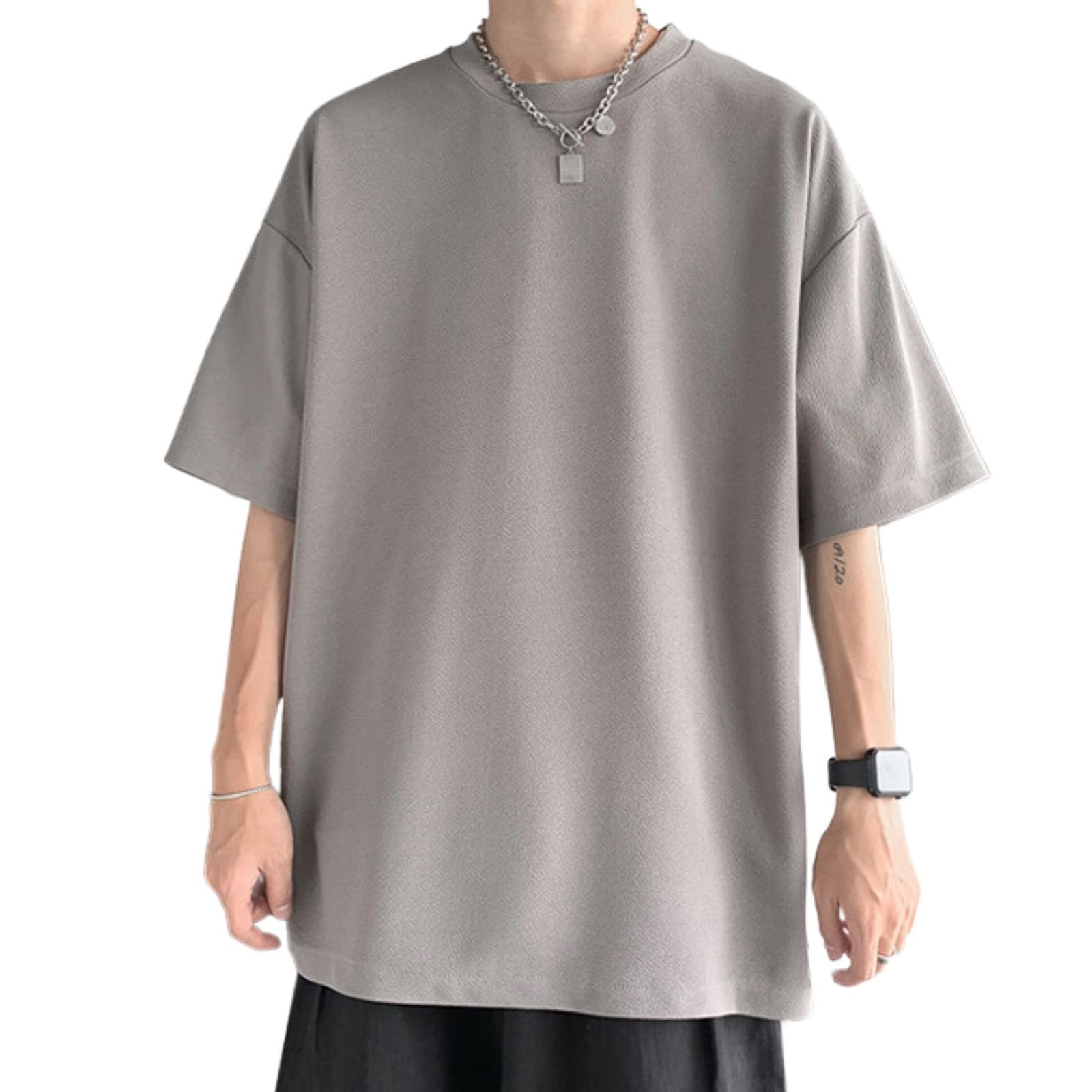 Tシャツ メンズ スリット 半袖 夏秋 薄手 大きいサイズ ゆったり カジュアル シンプル 無地 (XL， グレー) [グレー] [XL]