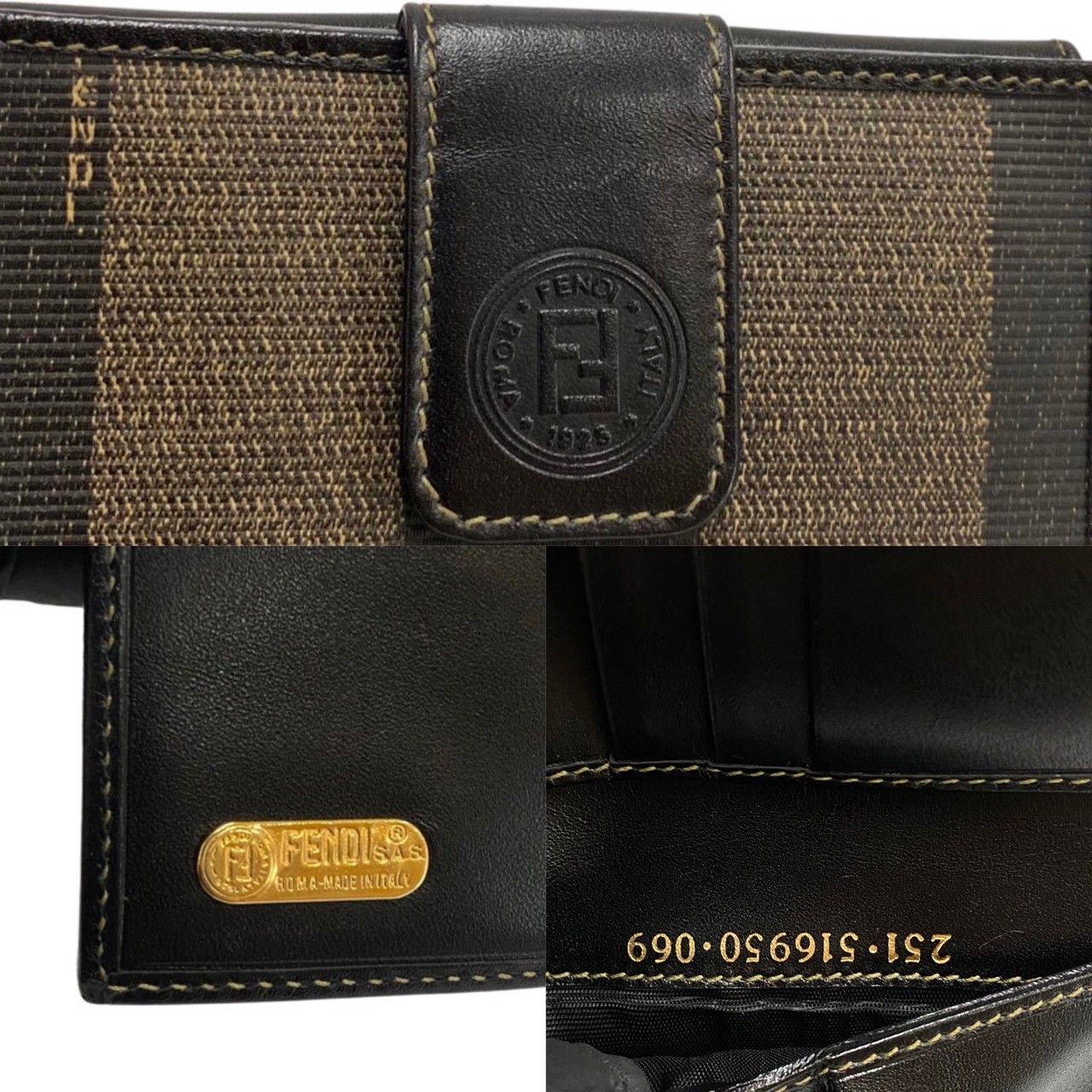 ほぼ未使用 FENDI フェンディ ぺカン 柄 FF ロゴ レザー 二つ折り 財布 ミニ ウォレット ブラック カーキ 42214