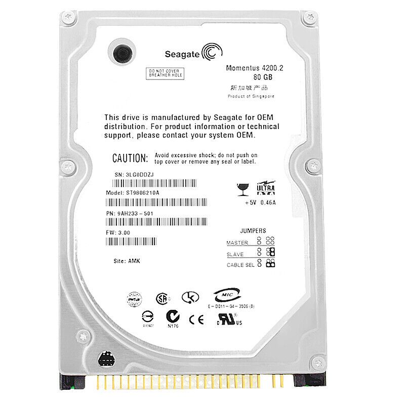 ハードドライブ Seagate 80GB ST9808210A 8MB キャッシュ 4200RPM ATA|100 2.5 インチ