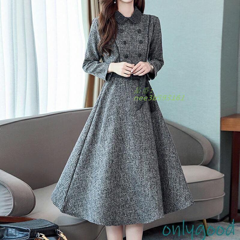 ワンピース 秋冬 きれいめ フォーマル 膝丈 長袖 レディース 襟