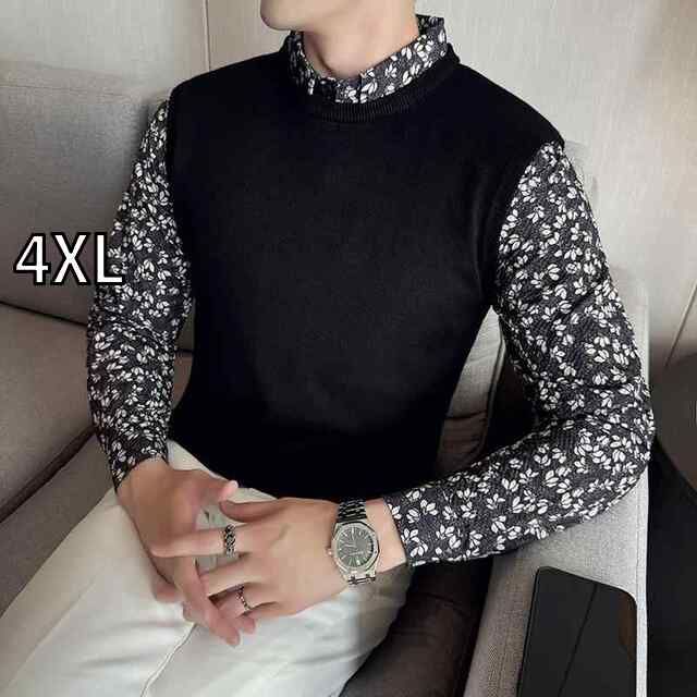定番人気，2026 [4XL]秋冬 コーデ メンズ  服 シンプル ファッション オシャレ 大人 かっこいい 大きいサイズ ストリート 紳士服  セーター フェイク ツーピース ニット シャツ 長袖 カラー 花柄 袖 ブロッキン その他