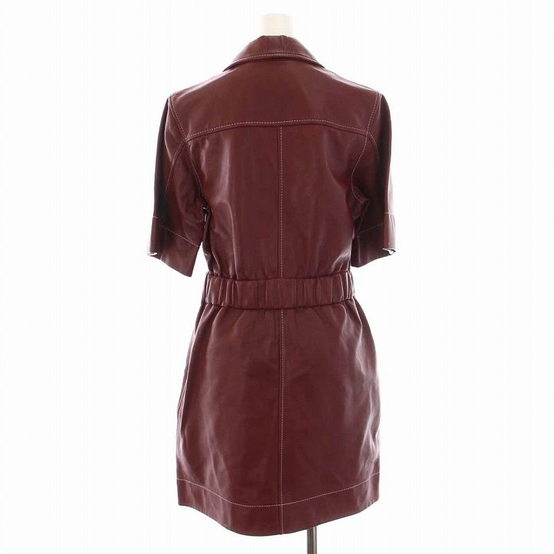 ガニー GANNI レザーシャツドレス ワンピース 半袖 34 XS マダーブラウン 赤茶 F6328 YM GY25