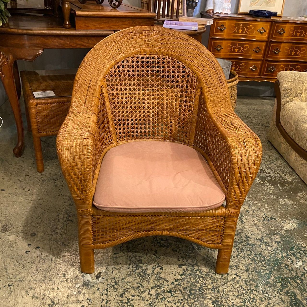 1 P ラタン チェア アームチェア ファブリック座面 籐家具