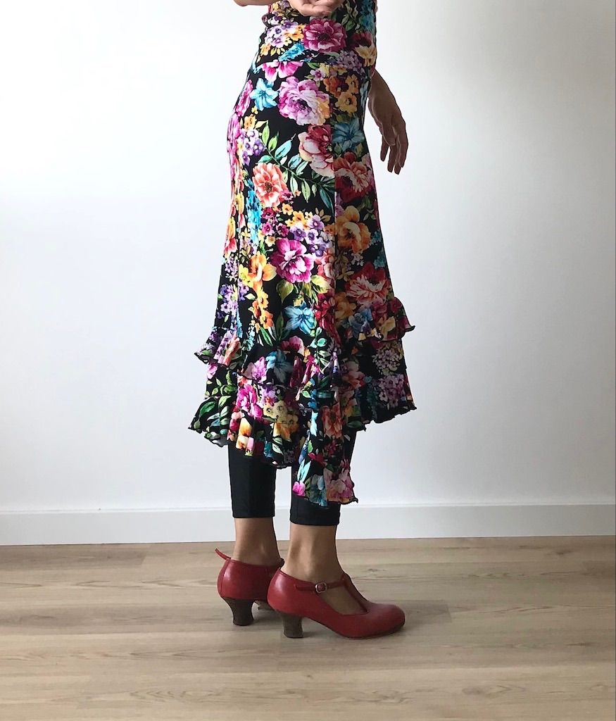 フラメンコ ショート丈 練習ファルダ ドラマチック花柄 2段ボランテ