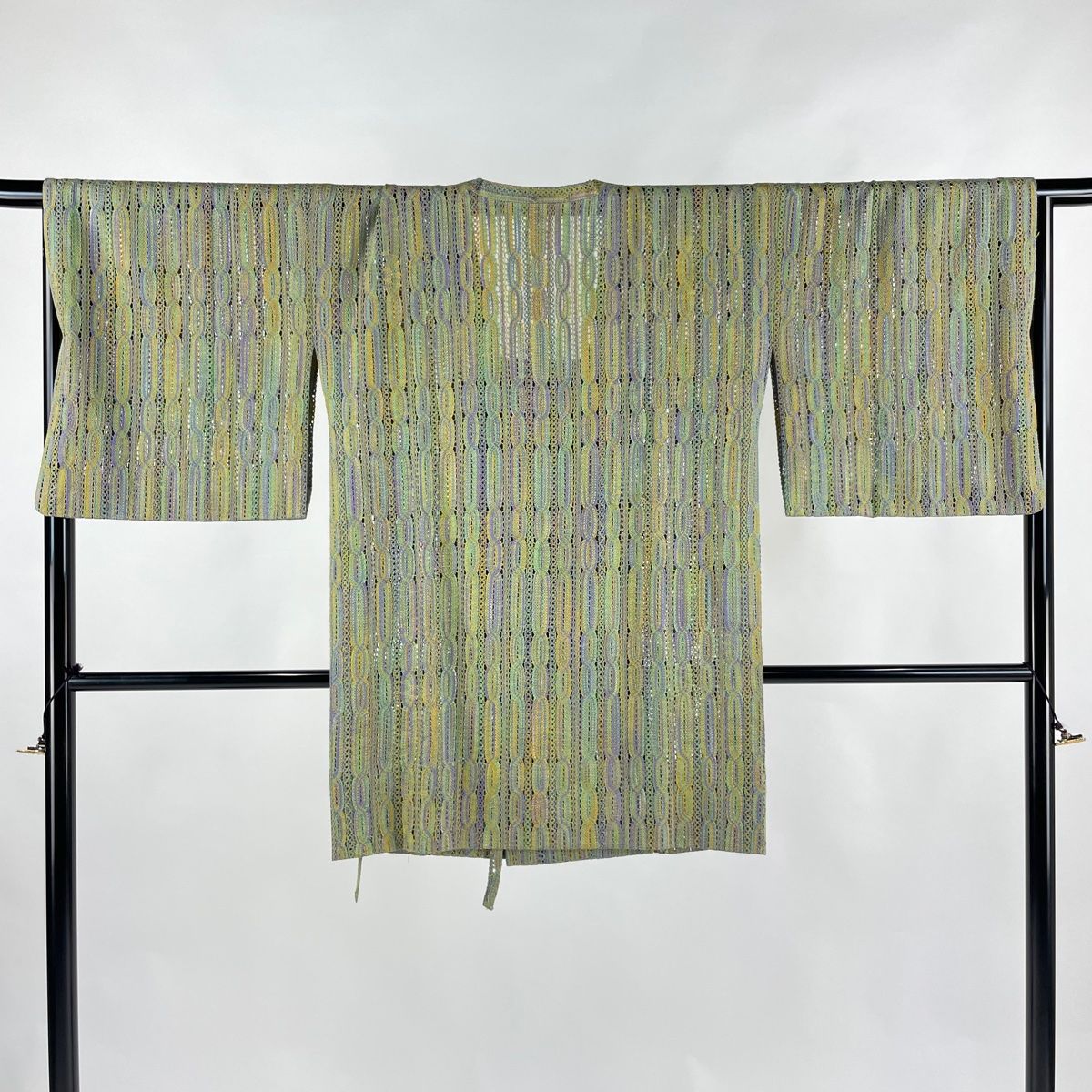 道行 身丈89cm 裄丈68cm L 和装コート 幾何学模様 灰緑 正絹 名品