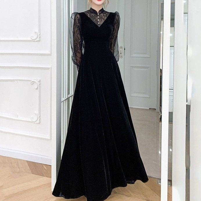 パーティードレス レディース ワンピース ロング丈 袖あり 透け感 レース ドレス イブニングドレス 結婚式 オケージョン 同窓会 成人式 二次会 韓国 秋冬 ベロア ベルベット 披露宴 フォーマル セレモニー 長袖 黒