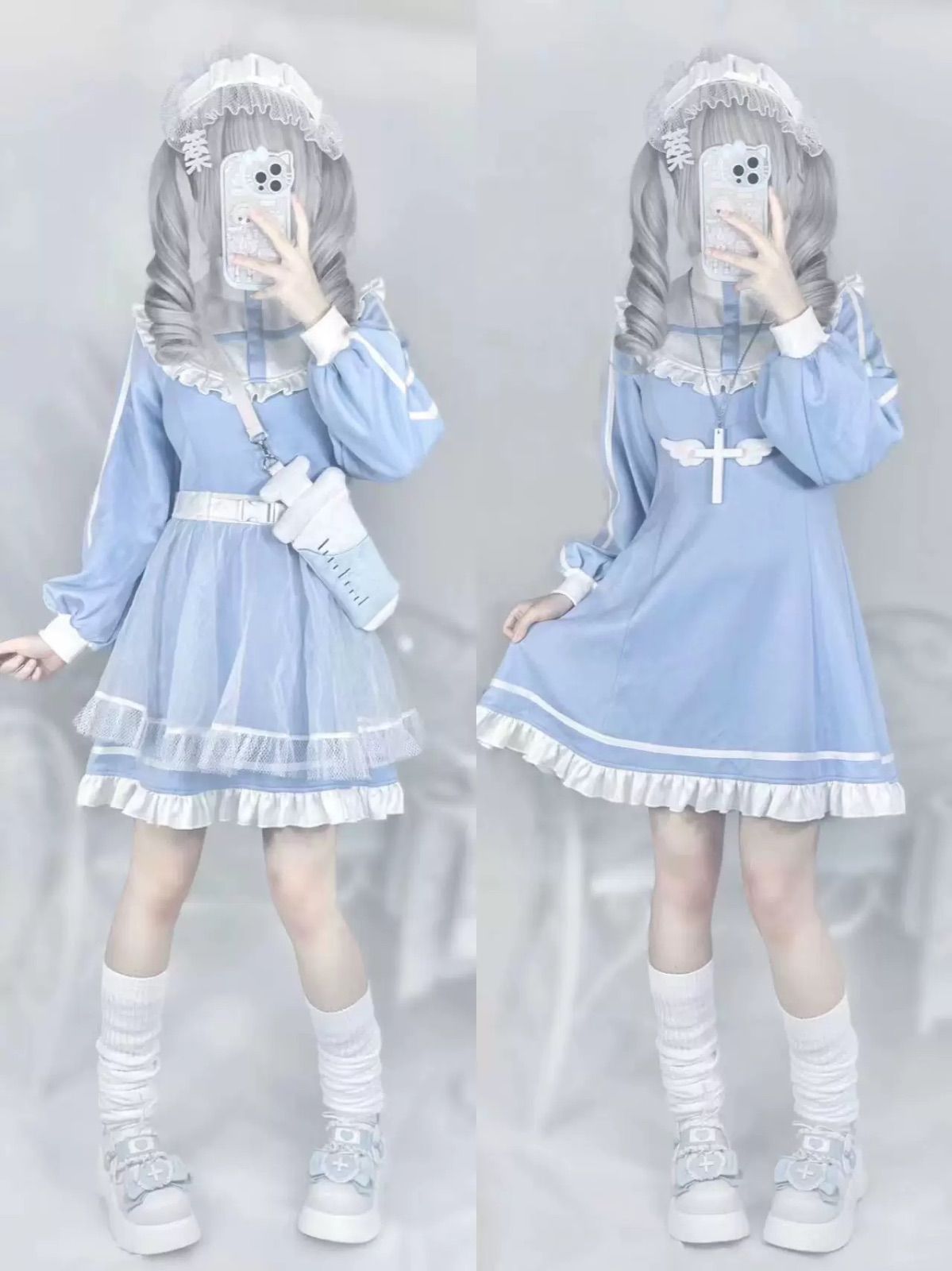 2way ワンピース 長袖 サブカル 服 天使界隈 パステルブルー 量産型 サイバー y2k 地雷系 原宿 渋谷 推し活 病みかわ かわい