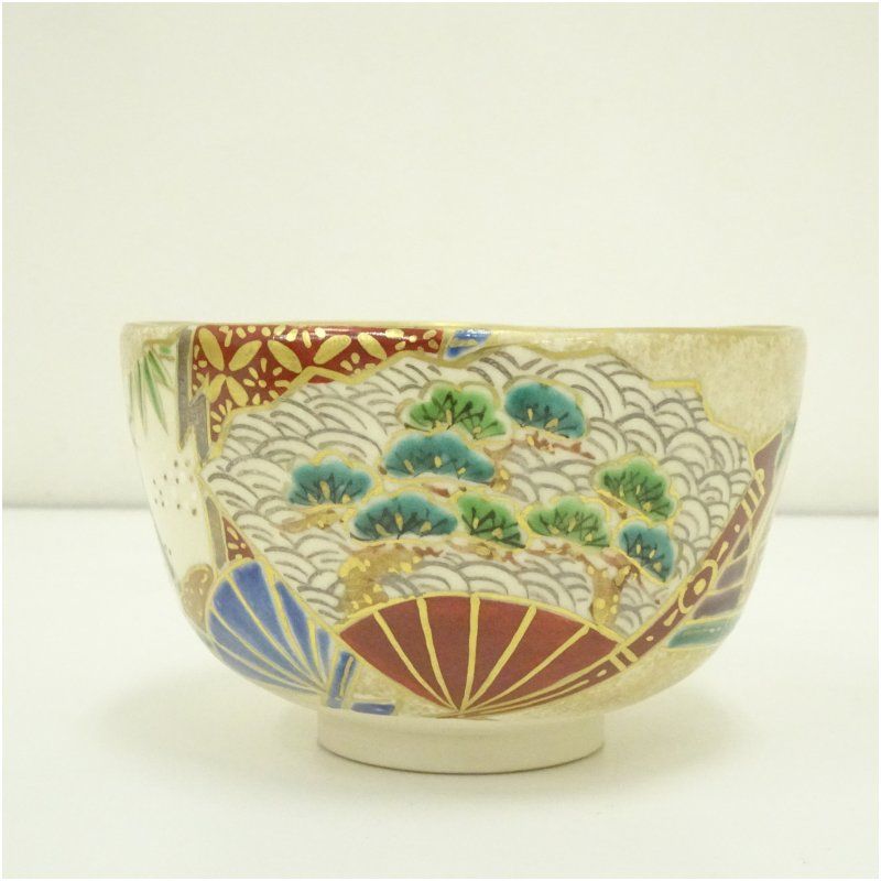 京焼 鳴滝窯 橋本城岳造 金地扇面文茶碗（共箱） 茶道 抹茶 おしゃれ