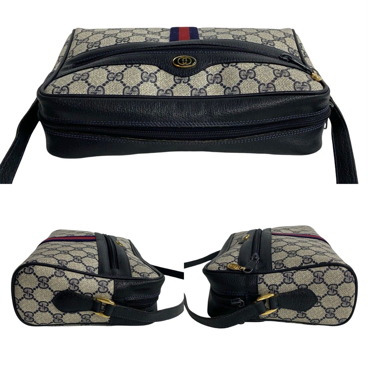 極 美品 GUCCI グッチ オールドグッチ ヴィンテージ シェリーライン GG ロゴ 金具 レザー ショルダーバッグ ポシェット ネイビー 296-2