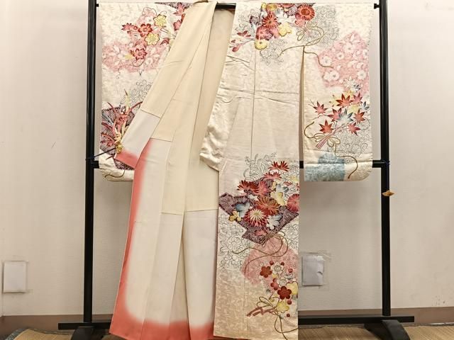 平和屋着物○豪華振袖 型染 几帳草花文 鬼しぼ縮緬 正絹 逸品