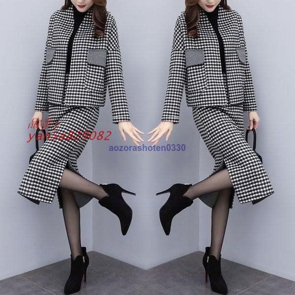 セットアップ レディース 上下セット アウター 前開き ジャケット スカート サイドスリット 長袖 格子柄 ビジネス チェック柄 ペンシルスカート yan5a829082