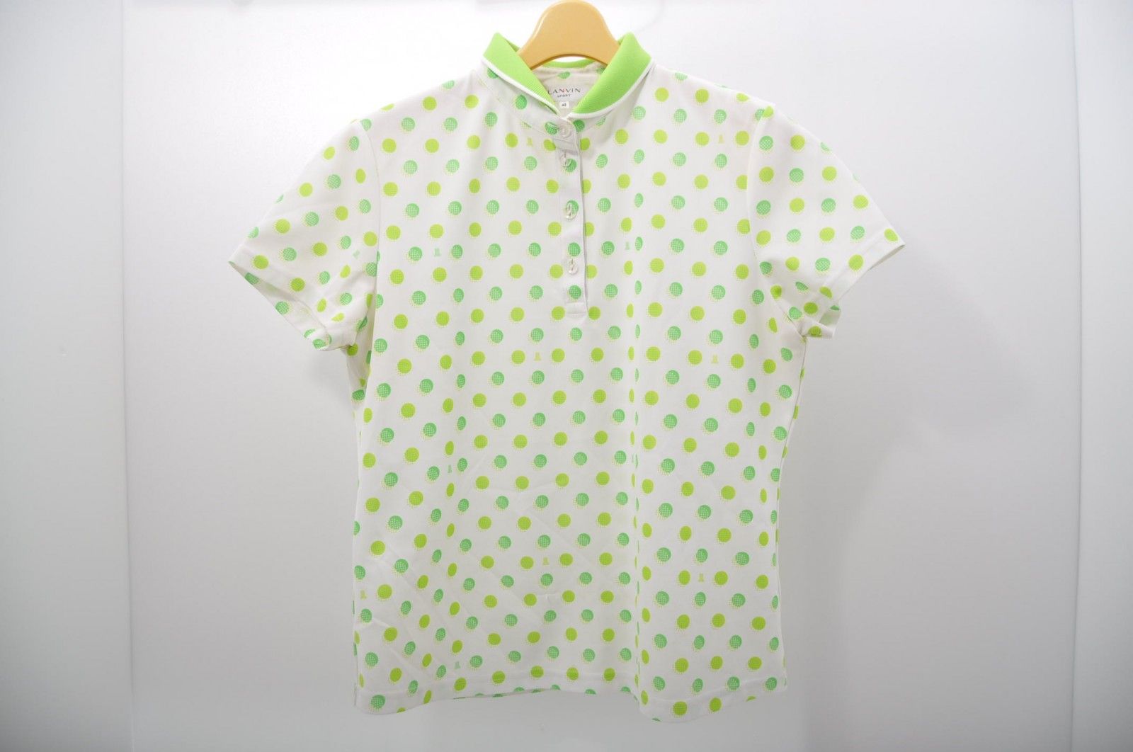 中古 レディース ランバンスポール LANVIN SPORT 半袖ポロシャツ 42(LL) ホワイト×黄緑 白 ドット