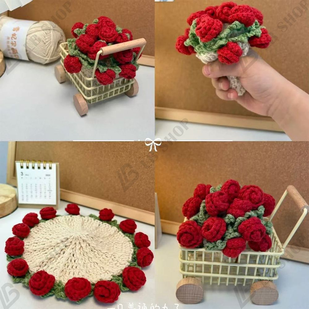 完成品] 花形コースター 編み物 手編み れないお花 バラの花束 ハンド