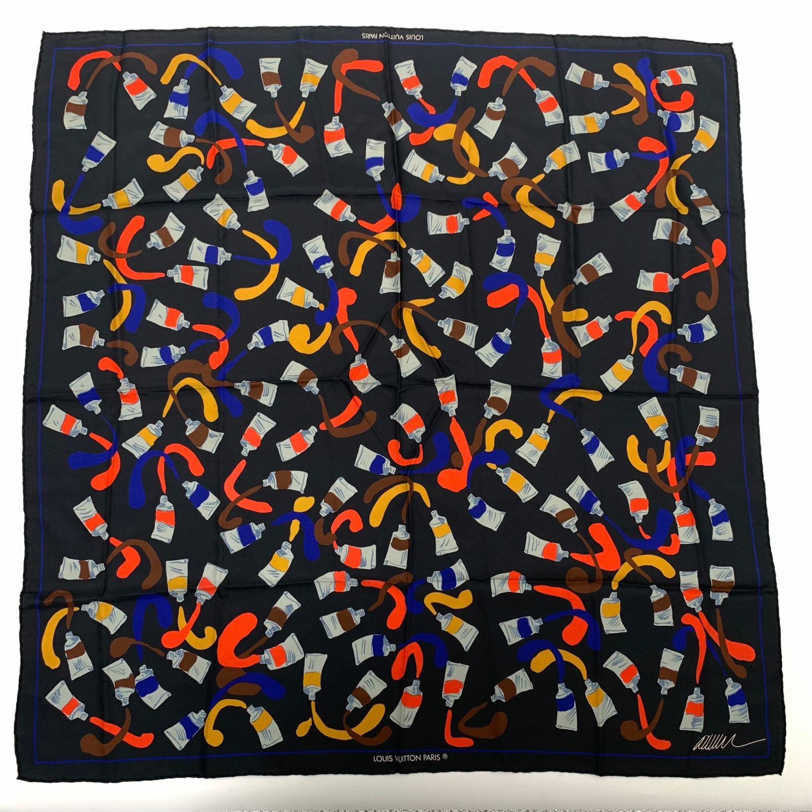 美品 LOUISVUITTON ルイヴィトン シルク スカーフ 絵の具柄 ブラック