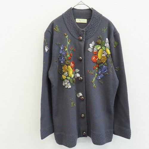 アトリエサガン　花刺繍　カーディガン　長袖 アトリエサガン 花柄刺繍 長袖カーディガン Lサイズ黒 シルク モヘヤ