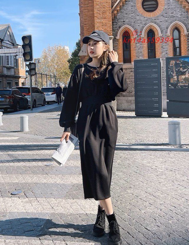 ワンピース レディース スウェット トレーナーワンピース タイト ロング丈 シンプル黒 長袖 ウエストマーク 小さいサイズ 大きいサイズ 秋冬 kni4a559394