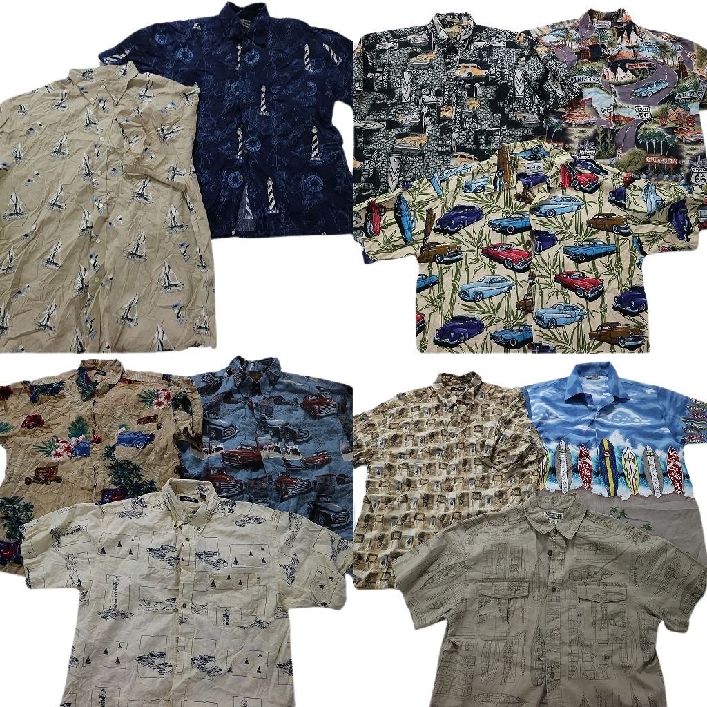 SALE 古着卸 まとめ売り 総柄　乗り物 半袖シャツ 11枚セット (メンズ L /XL ) ヨット 車 サーフボード MT2673