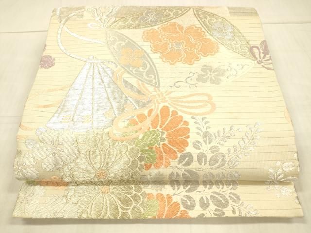 平和屋着物＊夏物 アンティーク 大正ロマン 丸帯 檜扇草花文 金銀糸 正絹 DAAW4506cm