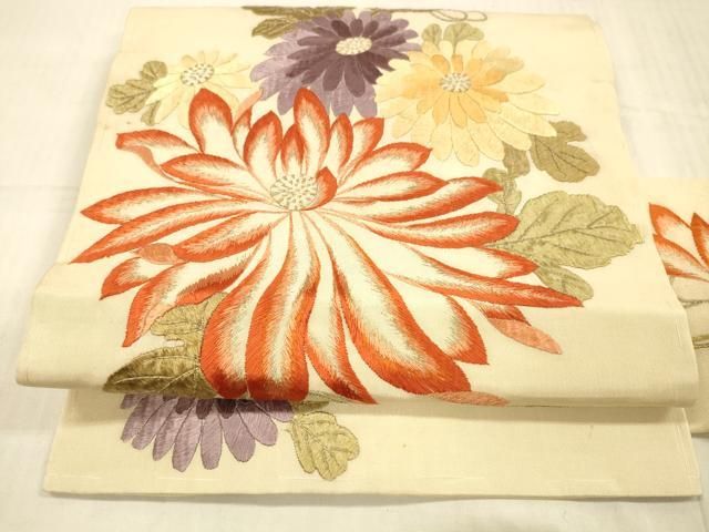 平和屋着物●アンティーク 大正ロマン 九寸名古屋帯 総刺繍 草花文 金銀糸 正絹 DAAX8720cm