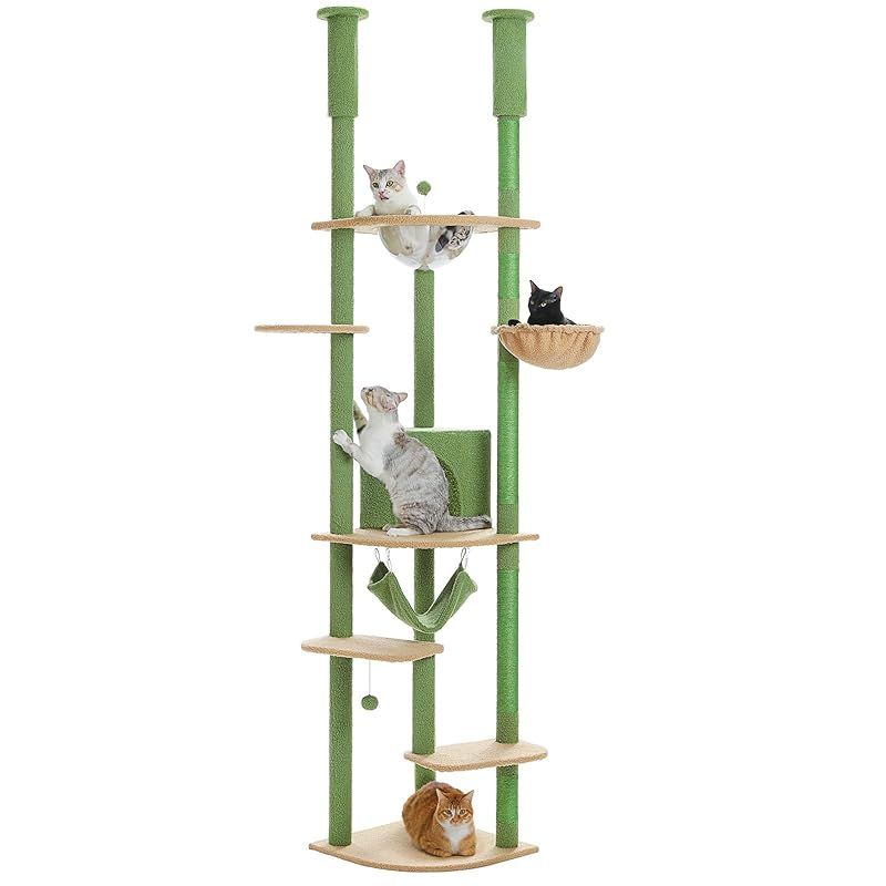 PETEPELA ぺテぺラ キャットタワー 突っ張り スリム ツッパリ 猫タワー 省スペース 透明 宇宙船ハンモック おもちゃ 麻紐 爪とぎ 運動不足解消 多頭飼い - グリーン 高さ調整幅236-258cm 1